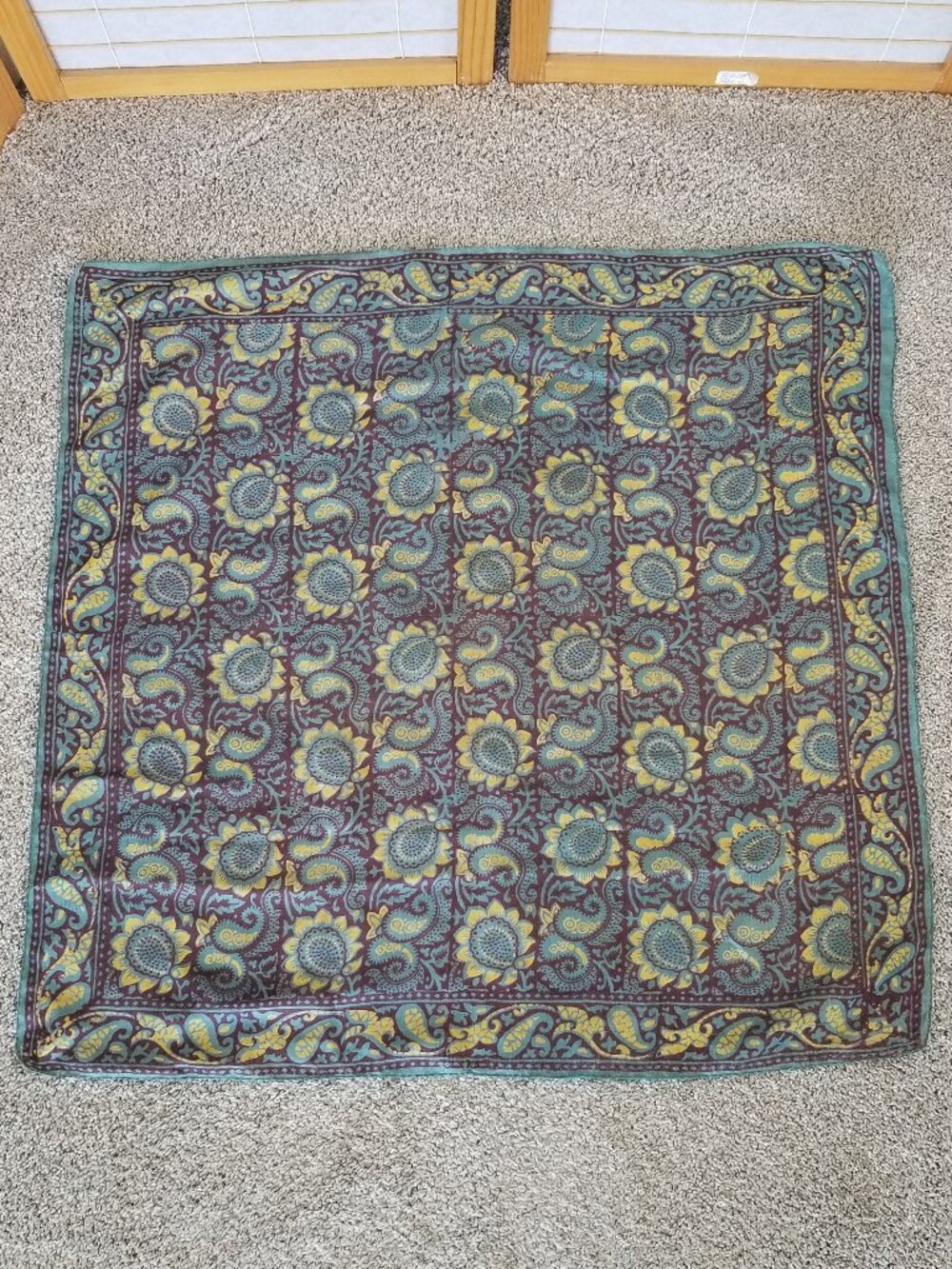 Large Silk Scarf 30" Square Slate Blue Cocoa Gold Abstract Sunflower Print